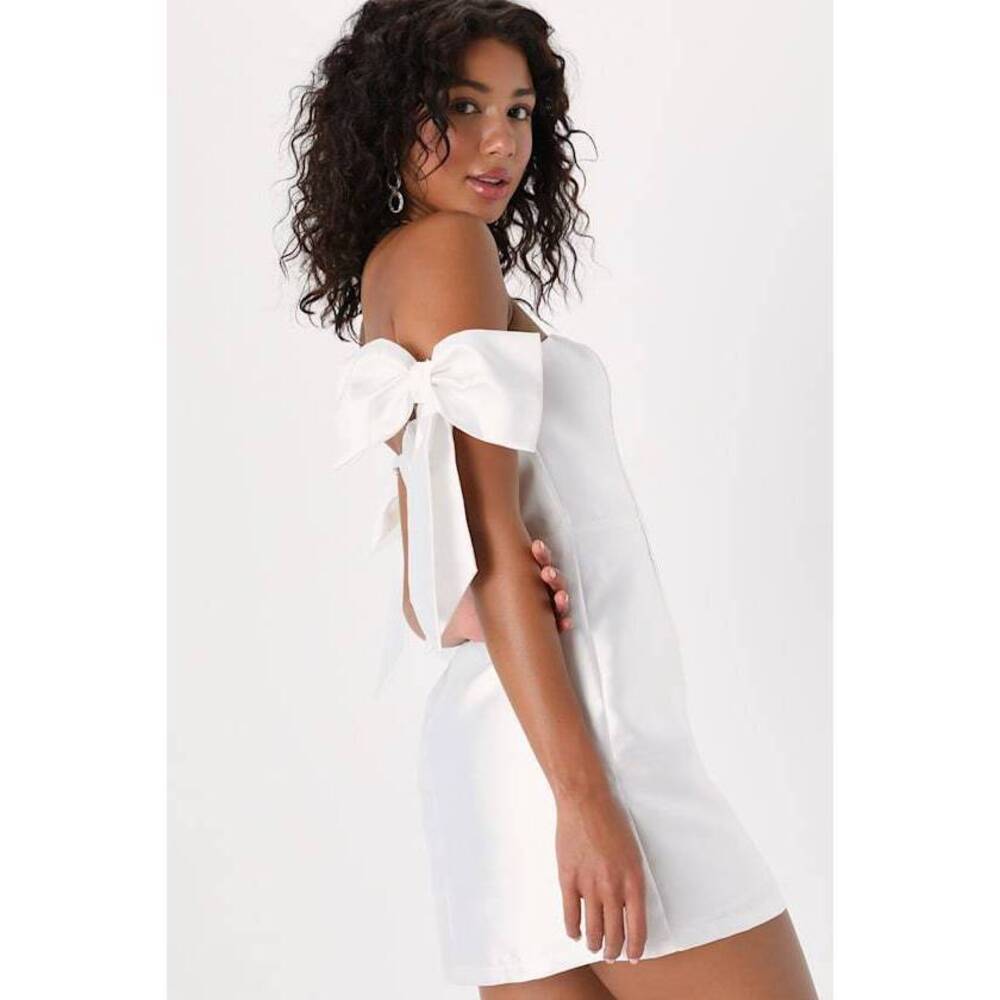 Lulus Perfectly Forever White Off-the-shoulder Bow Mini Dress - Size M